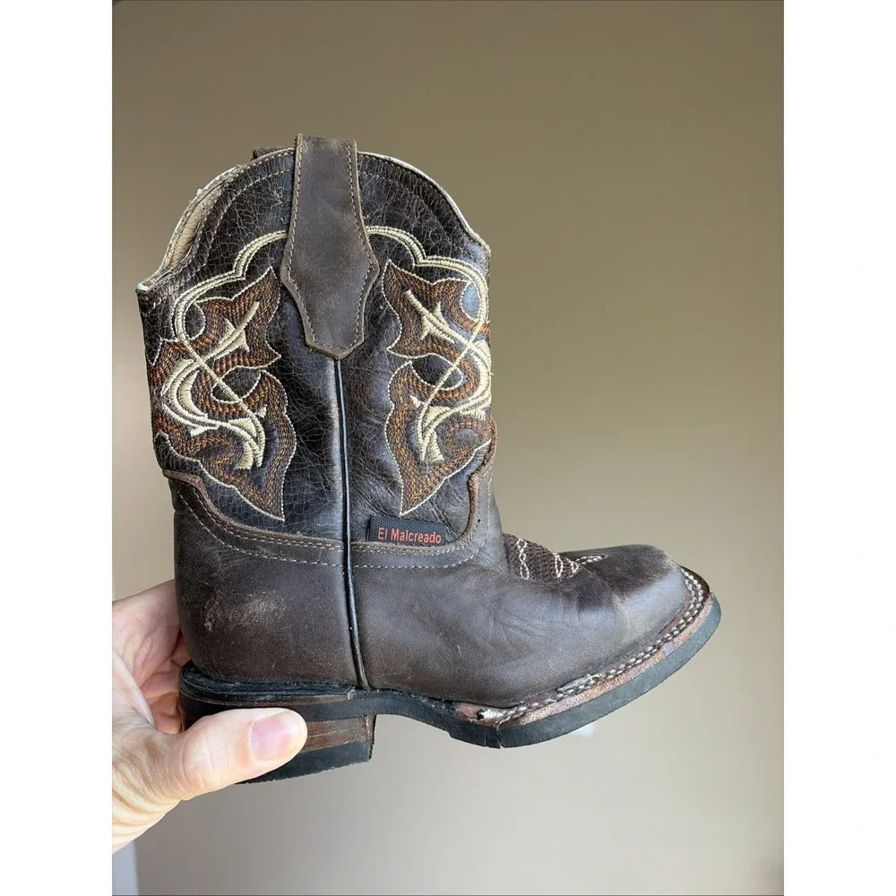 El Malcreado Square Toe Western Boots Kids Size 10 Brown Leather‎ Cowboy Western